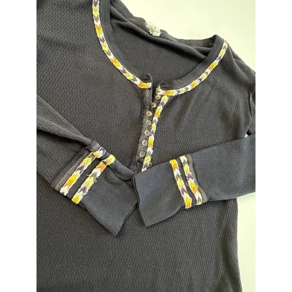 FREE PEOPLE Black Cotton Blend Rainbow Thermal Henley Top S
